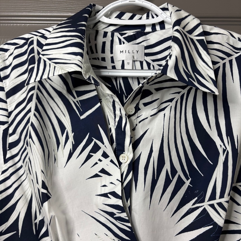 MILLY Maxwell Palm Print Poplin Dress Navy Blue & White Size 12 - Picture 6 of 15